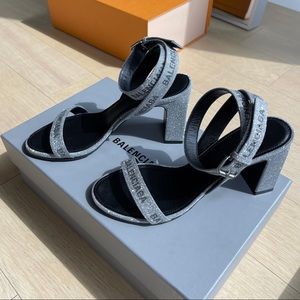 BALENCIAGA Glitter Logo Piscine Slide Sandals 36 Silver Black